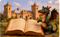 Libro abierto junto a una criatura fantástica y un castillo, en estética de plastilina stop motion semirrealista.